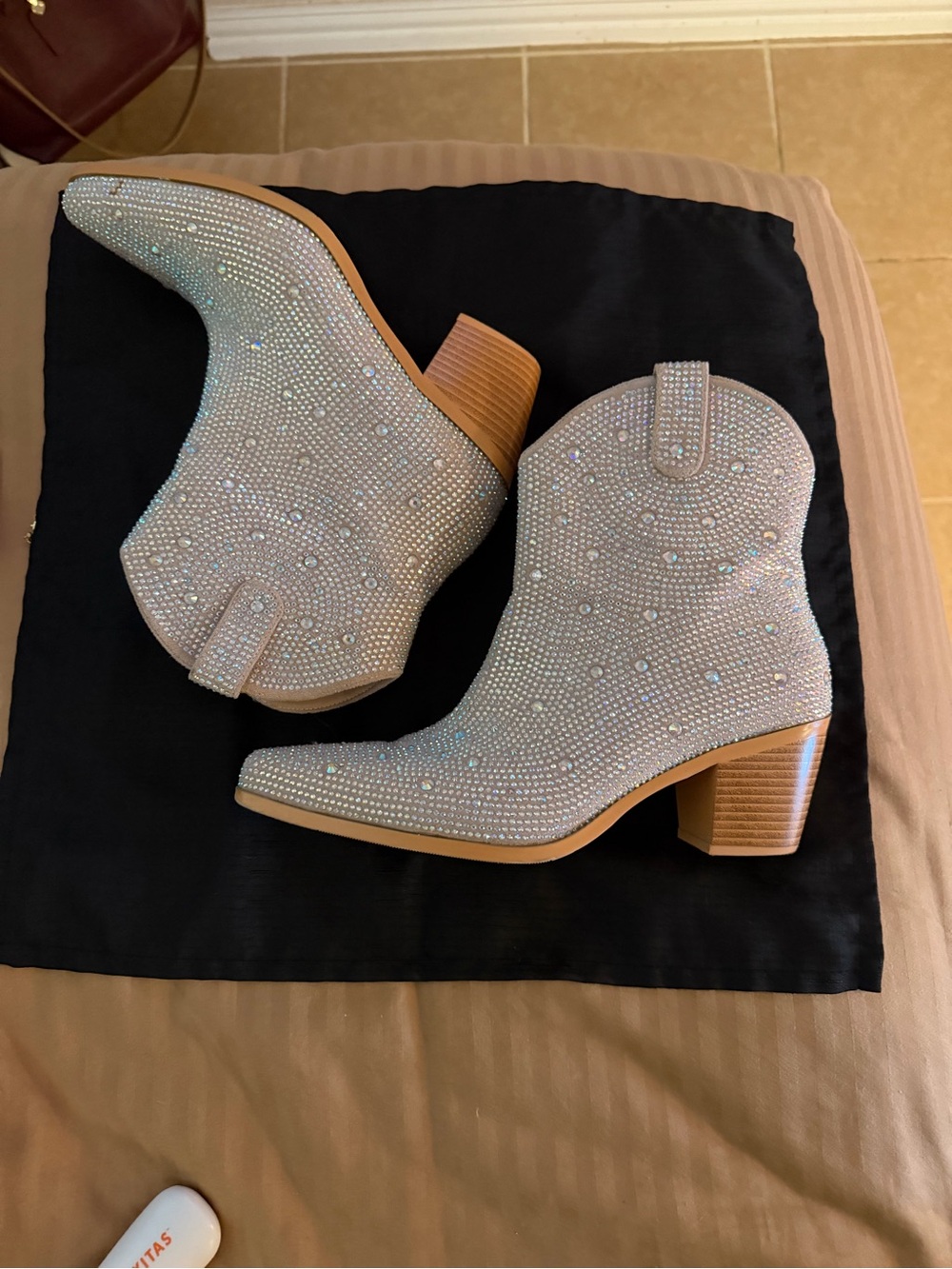Women's Beige Rhinestone Western Ankle Boots